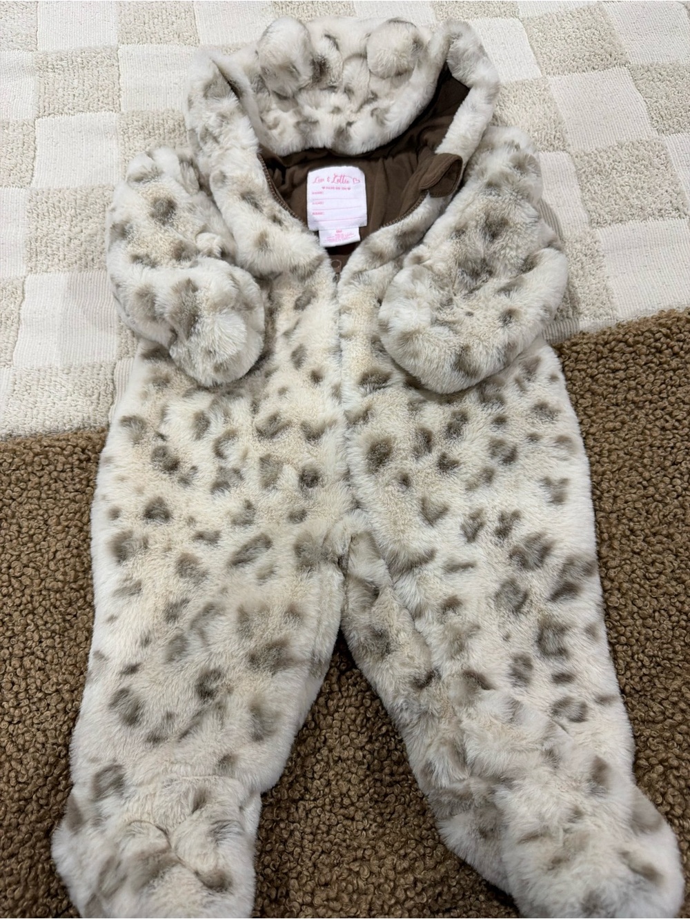 Plush Leopard-Print Hooded One-Piece in Cream by